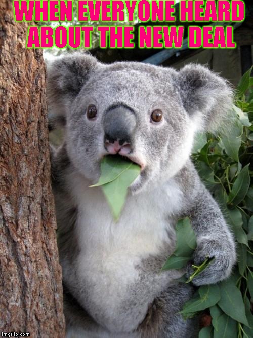 Surprised Koala | WHEN EVERYONE HEARD ABOUT THE NEW DEAL | image tagged in memes,surprised koala | made w/ Imgflip meme maker