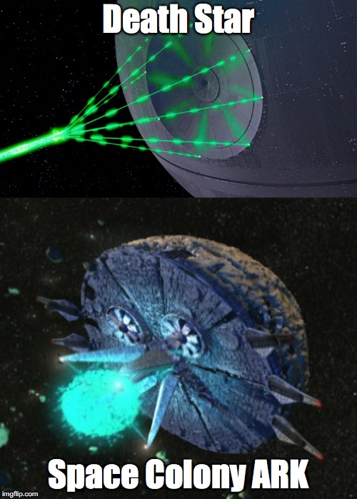A who would win without the template. | Death Star; Space Colony ARK | image tagged in death star,space colony ark,who would win | made w/ Imgflip meme maker