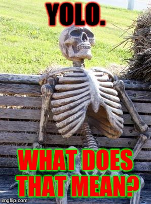 Waiting Skeleton | YOLO. WHAT DOES THAT MEAN? | image tagged in memes,waiting skeleton | made w/ Imgflip meme maker