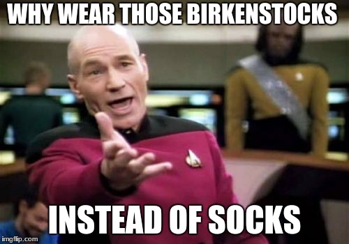 Picard Wtf | WHY WEAR THOSE BIRKENSTOCKS; INSTEAD OF SOCKS | image tagged in memes,picard wtf | made w/ Imgflip meme maker