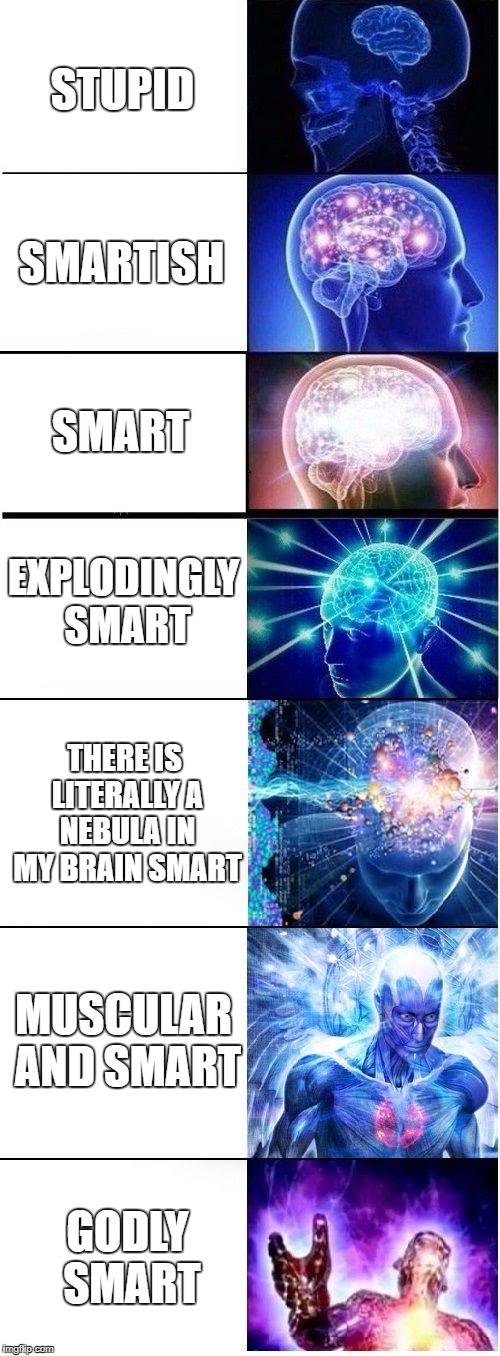 Expanding Brain Plus | STUPID SMARTISH SMART EXPLODINGLY SMART THERE IS LITERALLY A NEBULA IN MY BRAIN SMART MUSCULAR AND SMART GODLY SMART | image tagged in expanding brain plus | made w/ Imgflip meme maker