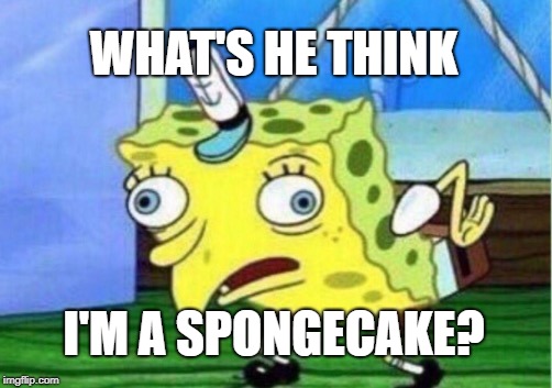 Mocking Spongebob Meme | WHAT'S HE THINK I'M A SPONGECAKE? | image tagged in memes,mocking spongebob | made w/ Imgflip meme maker