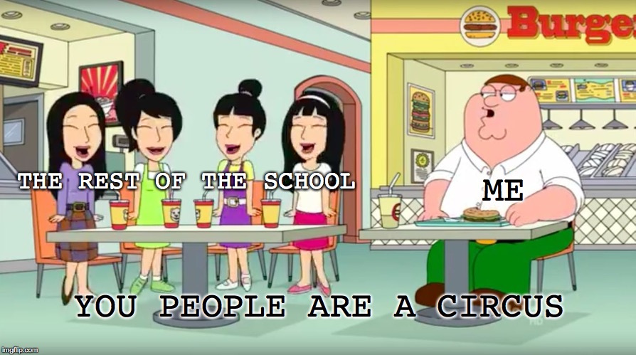 Every Time I See People at School | ME; THE REST OF THE SCHOOL; YOU PEOPLE ARE A CIRCUS | image tagged in family guy-you people are a circus,memes,school | made w/ Imgflip meme maker
