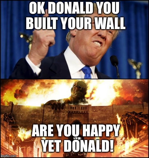 Donald trump evil wall | OK DONALD YOU BUILT YOUR WALL; ARE YOU HAPPY YET DONALD! | image tagged in donald trump's wall vs attack on titan | made w/ Imgflip meme maker