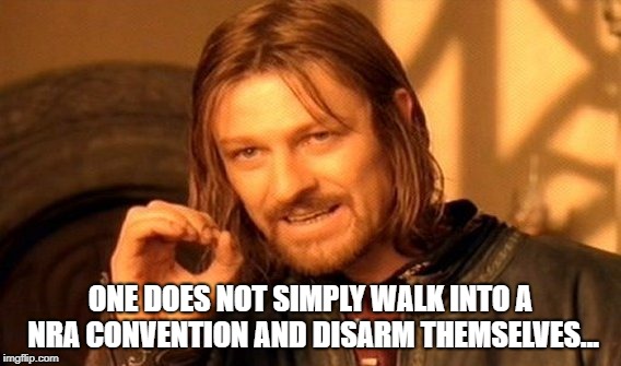 One Does Not Simply Meme | ONE DOES NOT SIMPLY WALK INTO A NRA CONVENTION AND DISARM THEMSELVES... | image tagged in memes,one does not simply | made w/ Imgflip meme maker