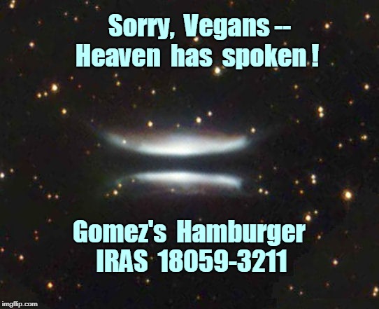 Vegans -- Heaven Has Spoken! | Sorry,  Vegans -- Heaven  has  spoken ! Gomez's  Hamburger IRAS  18059-3211 | image tagged in gomez's hamburger iras 18059-3211,memes,vegans,heaven,hamburgers | made w/ Imgflip meme maker
