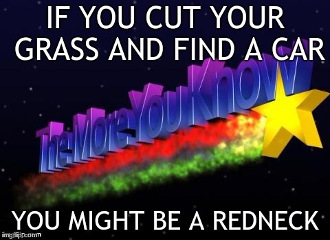 the more you know | IF YOU CUT YOUR GRASS AND FIND A CAR; YOU MIGHT BE A REDNECK | image tagged in the more you know | made w/ Imgflip meme maker
