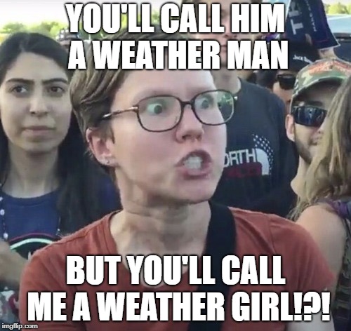 Triggered Weather Person | YOU'LL CALL HIM A WEATHER MAN; BUT YOU'LL CALL ME A WEATHER GIRL!?! | image tagged in triggered feminist,triggered,memes,weather | made w/ Imgflip meme maker