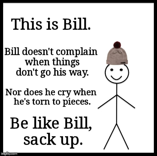 Be Like Bill Meme | This is Bill. Bill doesn't complain when things don't go his way. Nor does he cry when he's torn to pieces. Be like Bill, sack up. | image tagged in memes,be like bill | made w/ Imgflip meme maker