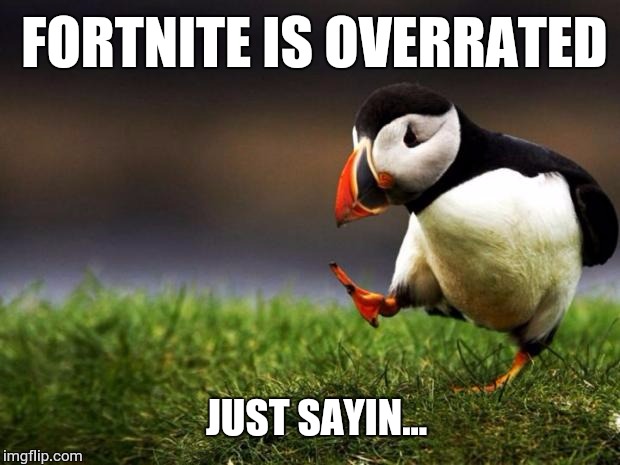 What's all the big fuss about? | FORTNITE IS OVERRATED; JUST SAYIN... | image tagged in memes,unpopular opinion puffin,true,lame but true | made w/ Imgflip meme maker