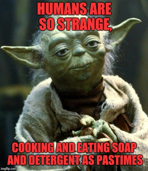 Star Wars Yoda | HUMANS ARE SO STRANGE, COOKING AND EATING SOAP AND DETERGENT AS PASTIMES | image tagged in memes,star wars yoda | made w/ Imgflip meme maker