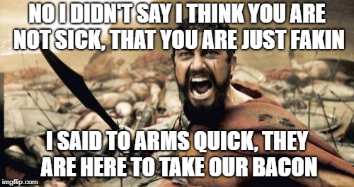 Sparta Leonidas Meme | NO I DIDN'T SAY I THINK YOU ARE NOT SICK, THAT YOU ARE JUST FAKIN; I SAID TO ARMS QUICK, THEY ARE HERE TO TAKE OUR BACON | image tagged in memes,sparta leonidas | made w/ Imgflip meme maker