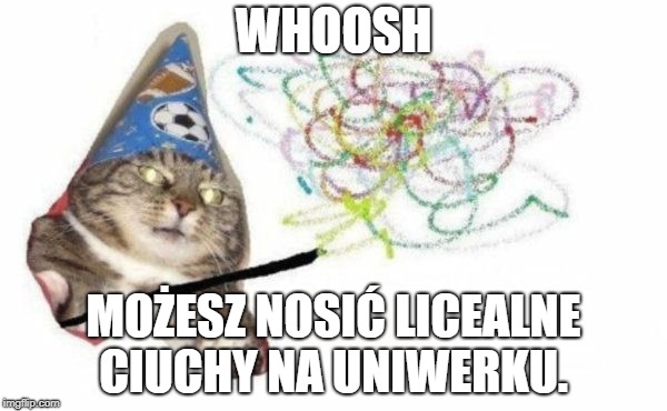 Woosh cat | WHOOSH; MOŻESZ NOSIĆ LICEALNE CIUCHY NA UNIWERKU. | image tagged in woosh cat | made w/ Imgflip meme maker