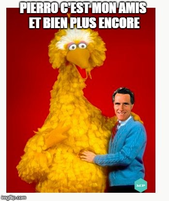 Big Bird And Mitt Romney Meme | PIERRO C'EST MON AMIS ET BIEN PLUS ENCORE | image tagged in memes,big bird and mitt romney | made w/ Imgflip meme maker