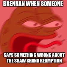 reee | BRENNAN WHEN SOMEONE; SAYS SOMETHING WRONG ABOUT THE SHAW SHANK REDMPTION | image tagged in reee | made w/ Imgflip meme maker