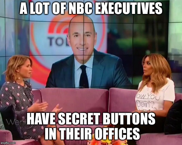A LOT OF NBC EXECUTIVES; HAVE SECRET BUTTONS IN THEIR OFFICES | image tagged in matt lauer,katie couric,nbc,metoo | made w/ Imgflip meme maker