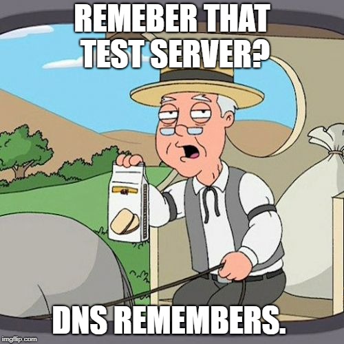 Pepperidge Farm Remembers Meme | REMEBER THAT TEST SERVER? DNS REMEMBERS. | image tagged in memes,pepperidge farm remembers | made w/ Imgflip meme maker