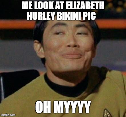 George Takei | ME LOOK AT ELIZABETH HURLEY BIKINI PIC; OH MYYYY | image tagged in george takei | made w/ Imgflip meme maker