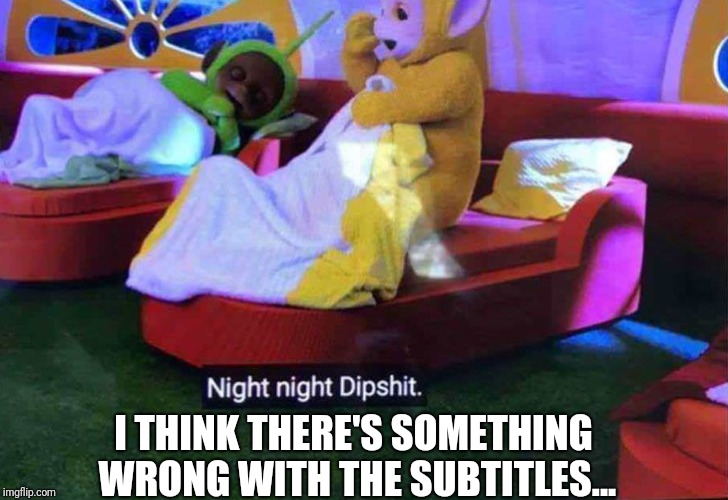 Not very family-friendly... | I THINK THERE'S SOMETHING WRONG WITH THE SUBTITLES... | image tagged in memes,funny,teletubbies,mistake,wtf,tv | made w/ Imgflip meme maker