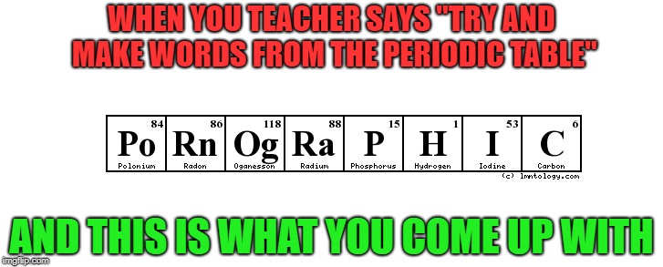 Dodgy periodic table | WHEN YOU TEACHER SAYS "TRY AND MAKE WORDS FROM THE PERIODIC TABLE"; AND THIS IS WHAT YOU COME UP WITH | image tagged in funny,science | made w/ Imgflip meme maker