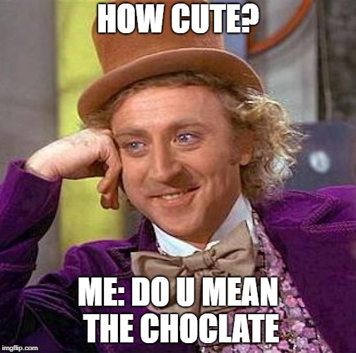 Creepy Condescending Wonka Meme | HOW CUTE? ME: DO U MEAN THE CHOCLATE | image tagged in memes,creepy condescending wonka | made w/ Imgflip meme maker