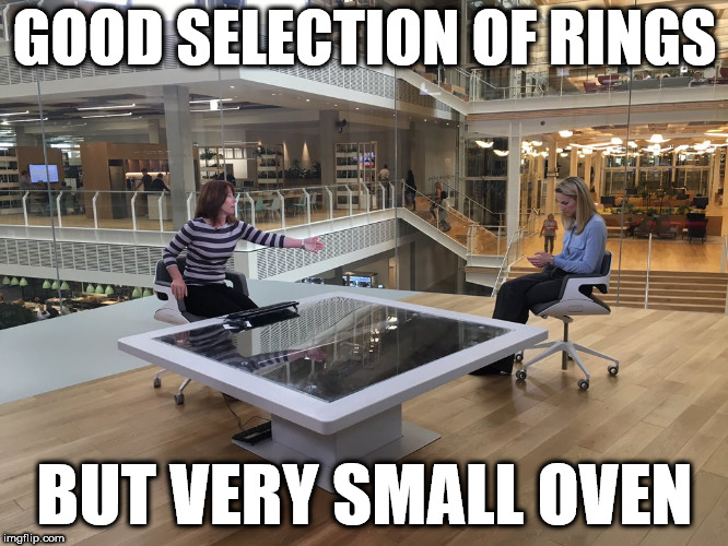 Sky news - new cooker | GOOD SELECTION OF RINGS; BUT VERY SMALL OVEN | image tagged in funny,memes,female news readers,kitchen cooker,sexist,sexism | made w/ Imgflip meme maker