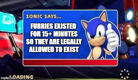 SOONAC SAS | FURRIES EXISTED FOR 15+ MINUTES SO THEY ARE LEGALLY ALLOWED TO EXIST | image tagged in sonic says | made w/ Imgflip meme maker