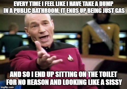Picard Wtf Meme | EVERY TIME I FEEL LIKE I HAVE TAKE A DUMP IN A PUBLIC BATHROOM, IT ENDS UP BEING JUST GAS; AND SO I END UP SITTING ON THE TOILET FOR NO REASON AND LOOKING LIKE A SISSY | image tagged in memes,picard wtf | made w/ Imgflip meme maker