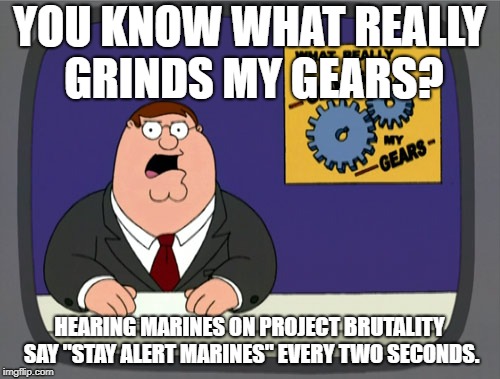 Peter Griffin News | YOU KNOW WHAT REALLY GRINDS MY GEARS? HEARING MARINES ON PROJECT BRUTALITY SAY "STAY ALERT MARINES" EVERY TWO SECONDS. | image tagged in memes,peter griffin news | made w/ Imgflip meme maker