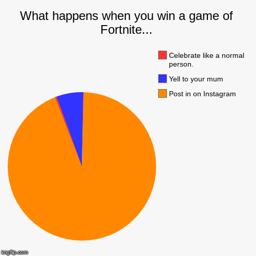 What happens when you win a game of Fortnite... | Post in on Instagram, Yell to your mum, Celebrate like a normal person. | image tagged in funny,pie charts | made w/ Imgflip chart maker