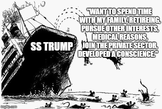 The sinking ship | "WANT TO SPEND TIME WITH MY FAMILY, RETIREING, PURSUE OTHER INTERESTS, MEDICAL REASONS, JOIN THE PRIVATE SECTOR, DEVELOPED A CONSCIENCE."; SS TRUMP | image tagged in donald trump,abandon ship | made w/ Imgflip meme maker
