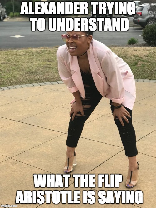 Black woman squinting | ALEXANDER TRYING TO UNDERSTAND; WHAT THE FLIP ARISTOTLE IS SAYING | image tagged in black woman squinting | made w/ Imgflip meme maker
