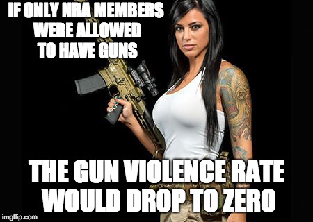 IF ONLY NRA MEMBERS WERE ALLOWED TO HAVE GUNS; THE GUN VIOLENCE RATE WOULD DROP TO ZERO | image tagged in woman holding rifle | made w/ Imgflip meme maker