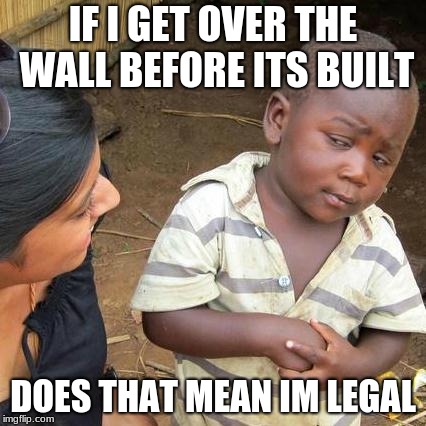 Third World Skeptical Kid Meme | IF I GET OVER THE WALL BEFORE ITS BUILT; DOES THAT MEAN IM LEGAL | image tagged in memes,third world skeptical kid | made w/ Imgflip meme maker