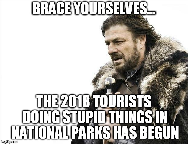 Brace Yourselves X is Coming Meme | BRACE YOURSELVES... THE 2018 TOURISTS DOING STUPID THINGS IN NATIONAL PARKS HAS BEGUN | image tagged in memes,brace yourselves x is coming | made w/ Imgflip meme maker