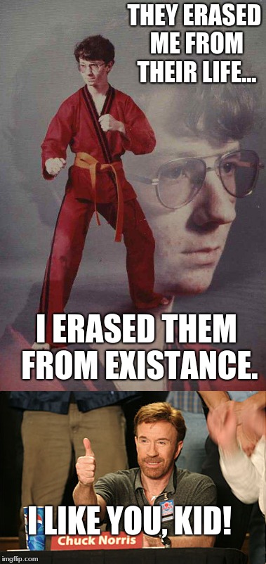 seems legit | THEY ERASED ME FROM THEIR LIFE... I ERASED THEM FROM EXISTANCE. I LIKE YOU, KID! | image tagged in seems legit chuck norris karate klye | made w/ Imgflip meme maker