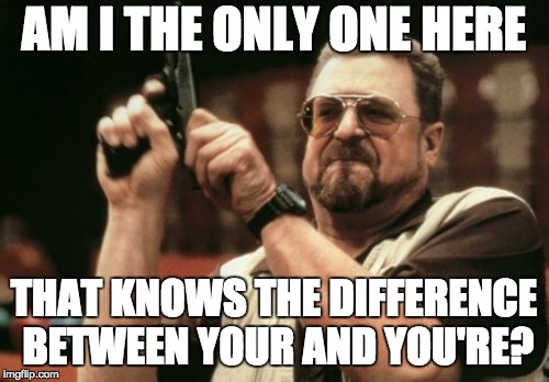Am I The Only One Around Here Meme | AM I THE ONLY ONE HERE THAT KNOWS THE DIFFERENCE BETWEEN YOUR AND YOU'RE? | image tagged in memes,am i the only one around here | made w/ Imgflip meme maker