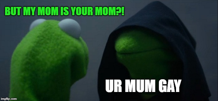 Evil Kermit | BUT MY MOM IS YOUR MOM?! UR MUM GAY | image tagged in memes,evil kermit | made w/ Imgflip meme maker