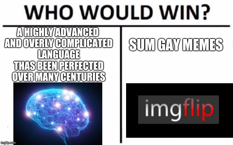 sum gay memes have kicked the ass | A HIGHLY ADVANCED AND OVERLY COMPLICATED LANGUAGE THAS BEEN PERFECTED OVER MANY CENTURIES; SUM GAY MEMES | image tagged in memes,who would win,gay,language | made w/ Imgflip meme maker