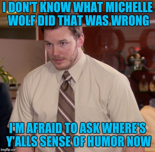 Afraid To Ask Andy Meme | I DON'T KNOW WHAT MICHELLE WOLF DID THAT WAS WRONG; I'M AFRAID TO ASK WHERE'S Y'ALLS SENSE OF HUMOR NOW | image tagged in memes,afraid to ask andy | made w/ Imgflip meme maker