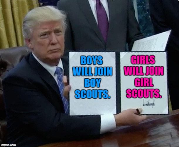 Trump Bill Signing |  GIRLS WILL JOIN GIRL SCOUTS. BOYS WILL JOIN BOY SCOUTS. | image tagged in memes,trump bill signing,politics,political meme,political,boy scouts | made w/ Imgflip meme maker