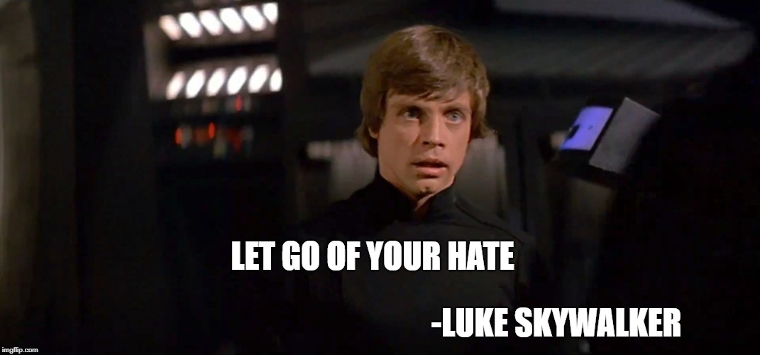 Luke Skywalker Jedi | LET GO OF YOUR HATE; -LUKE SKYWALKER | image tagged in luke skywalker jedi | made w/ Imgflip meme maker