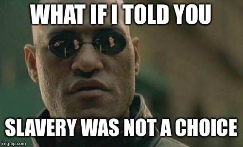 Matrix Morpheus | WHAT IF I TOLD YOU; SLAVERY WAS NOT A CHOICE | image tagged in memes,matrix morpheus | made w/ Imgflip meme maker