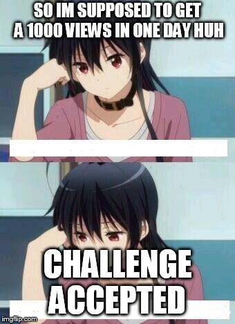 challenge accepted | SO IM SUPPOSED TO GET A 1000 VIEWS IN ONE DAY HUH; CHALLENGE ACCEPTED | image tagged in anime meme | made w/ Imgflip meme maker