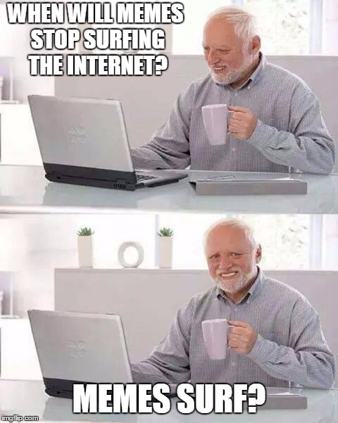 Hide the Pain Harold | WHEN WILL MEMES STOP SURFING THE INTERNET? MEMES SURF? | image tagged in memes,hide the pain harold | made w/ Imgflip meme maker