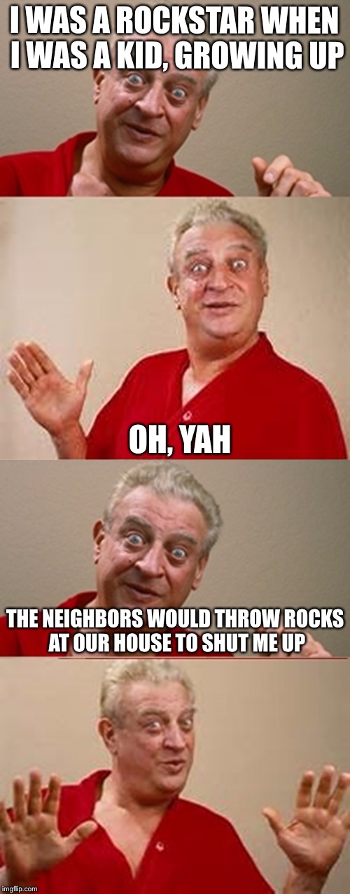 Bad Pun Rodney Dangerfield | I WAS A ROCKSTAR WHEN I WAS A KID, GROWING UP; OH, YAH; THE NEIGHBORS WOULD THROW ROCKS AT OUR HOUSE TO SHUT ME UP | image tagged in bad pun rodney dangerfield | made w/ Imgflip meme maker