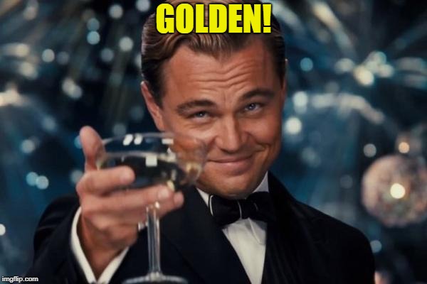 Leonardo Dicaprio Cheers Meme | GOLDEN! | image tagged in memes,leonardo dicaprio cheers | made w/ Imgflip meme maker