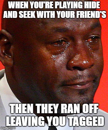 Crying Jordan | WHEN YOU'RE PLAYING HIDE AND SEEK WITH YOUR FRIEND'S; THEN THEY RAN OFF LEAVING YOU TAGGED | image tagged in crying jordan | made w/ Imgflip meme maker