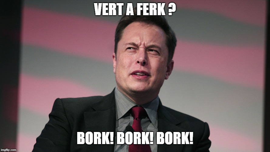 Confused Elon Musk | VERT A FERK ? BORK! BORK! BORK! | image tagged in confused elon musk | made w/ Imgflip meme maker