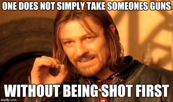 One Does Not Simply Meme | ONE DOES NOT SIMPLY TAKE SOMEONES GUNS; WITHOUT BEING SHOT FIRST | image tagged in memes,one does not simply | made w/ Imgflip meme maker